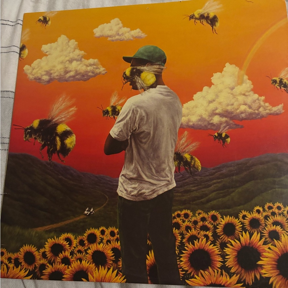 Vibrant Sunset Art with Sunflowers and Bees